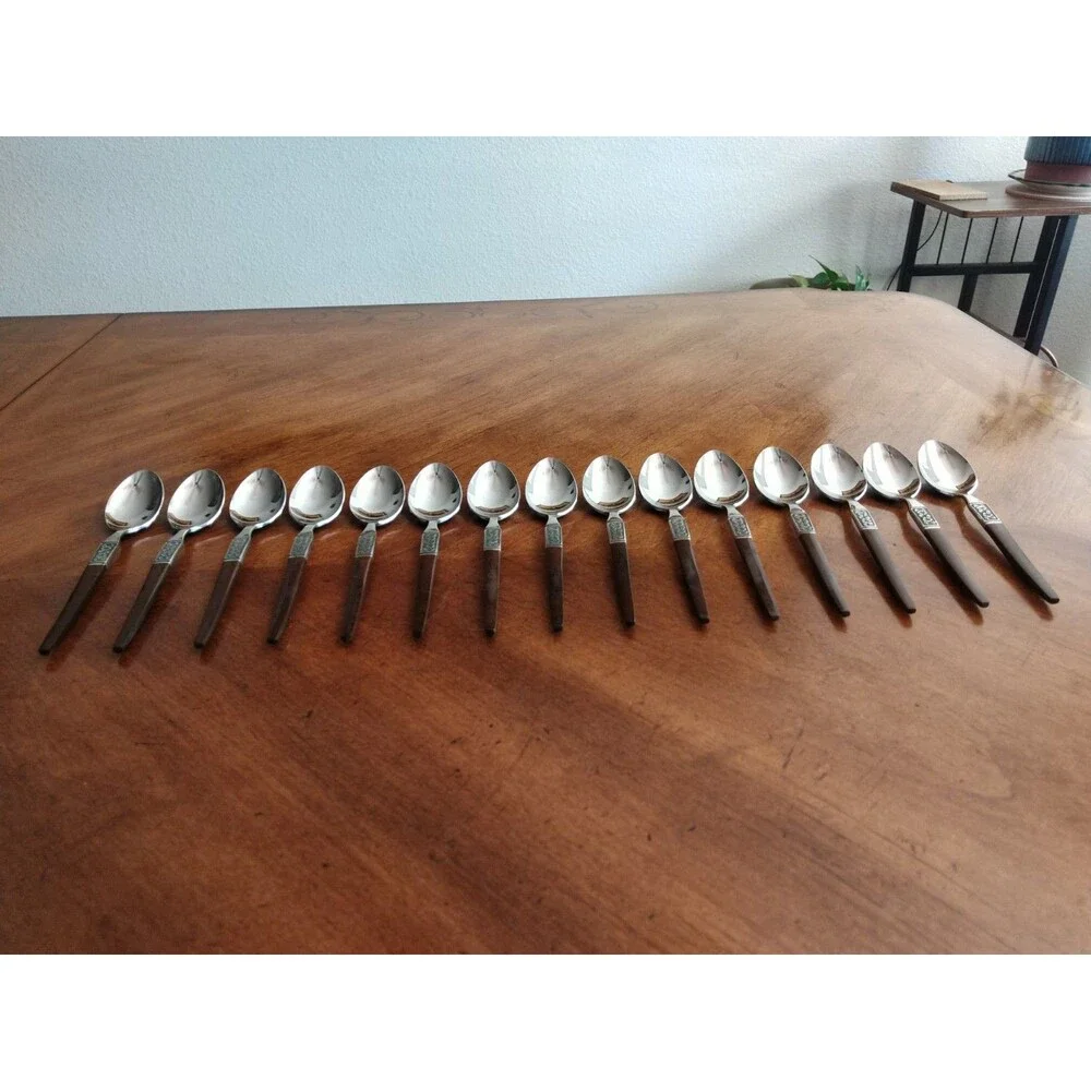 Lot 15x Teaspoons Ekco Eterna La Joya Stainless Faux Wood Flatwar MCM EKS14 6.4